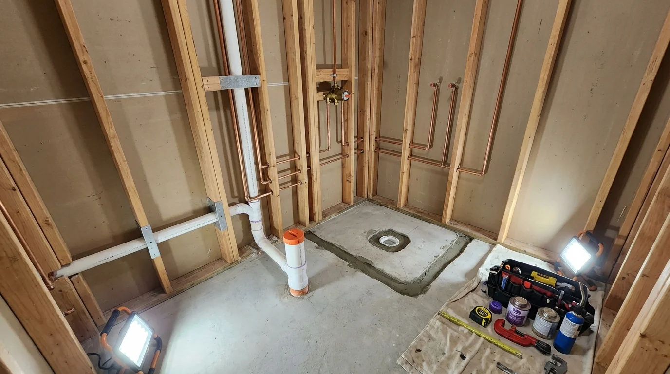 Bathroom rough-in plumbing during remodel by Johns Plumbing LLC in Elm Grove
