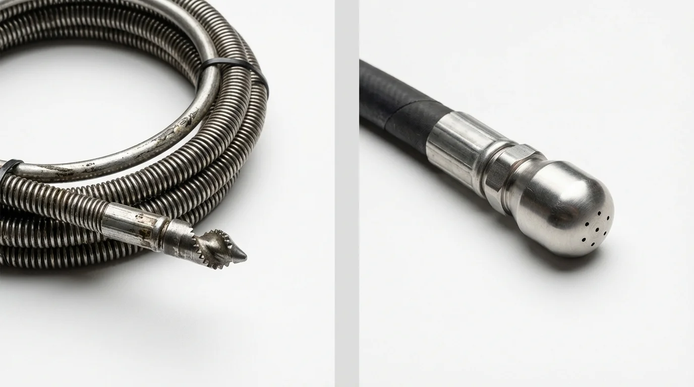 Drain snake cable and hydro jetting nozzle used for drain cleaning in Elm Grove, WI