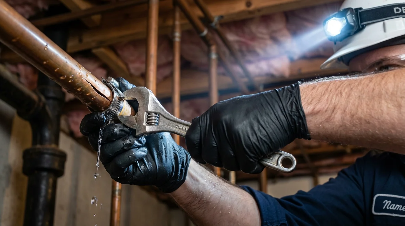 Emergency pipe clamp repair being performed by a Johns Plumbing LLC plumber in Elm Grove