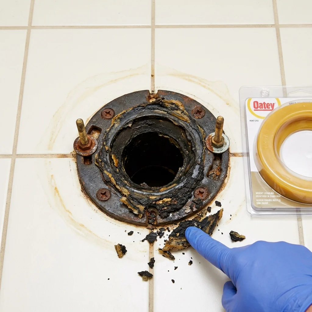 Failed wax ring showing water seepage at the base of a toilet in a Elm Grove, WI home
