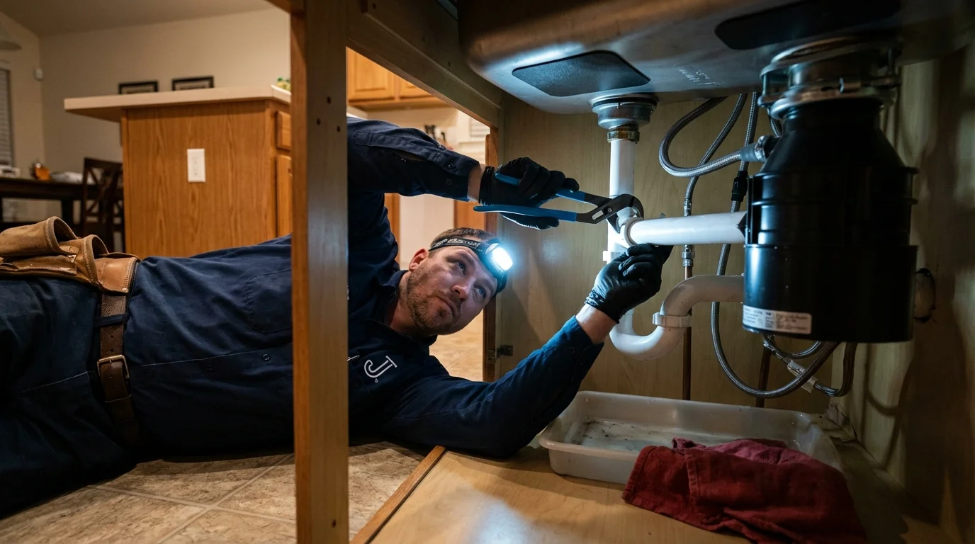 P-trap and supply line connections under a kitchen sink showing a common leak point in Elm Grove, WI